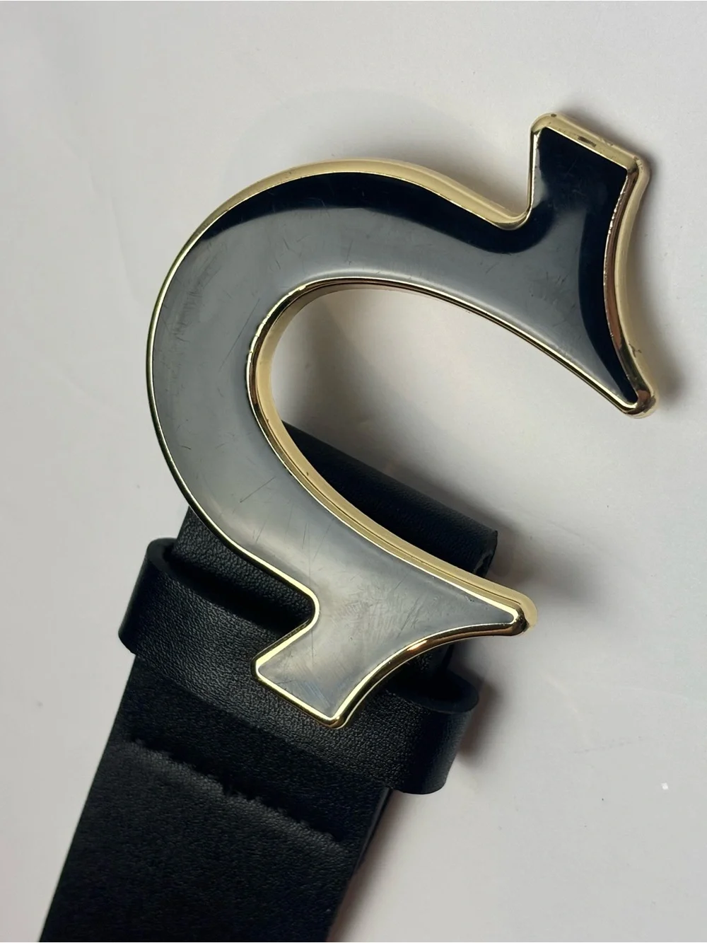 True Religion Black Leather Belt with Gold-Trim Signature Buckle